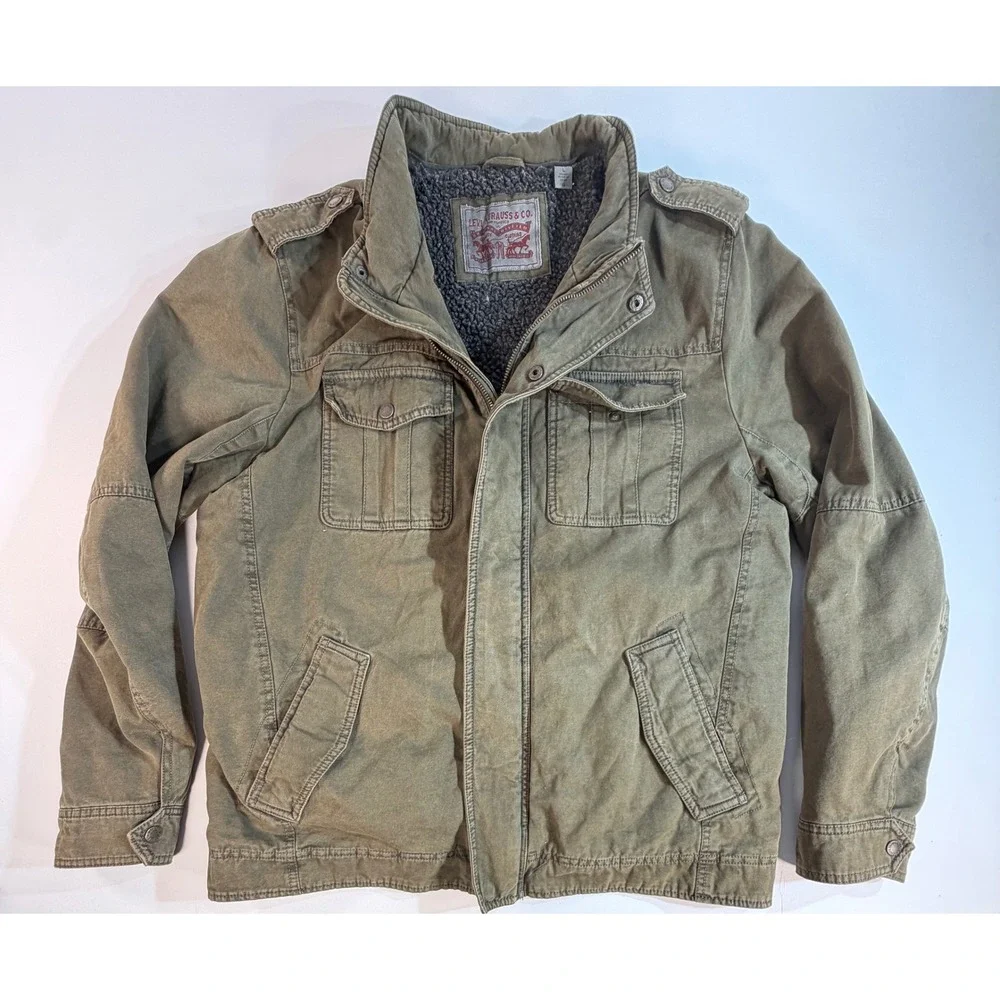 Levis Mens Military Field Jacket Olive Green Sherpa Lined Canvas Coat Large